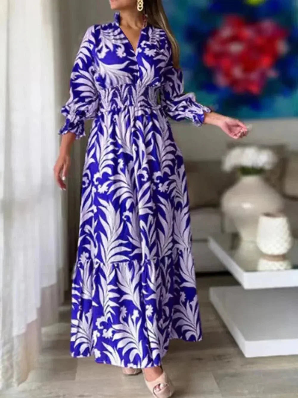 Printed Flounce Sleeve Maxi Dress - VILLA FASHION